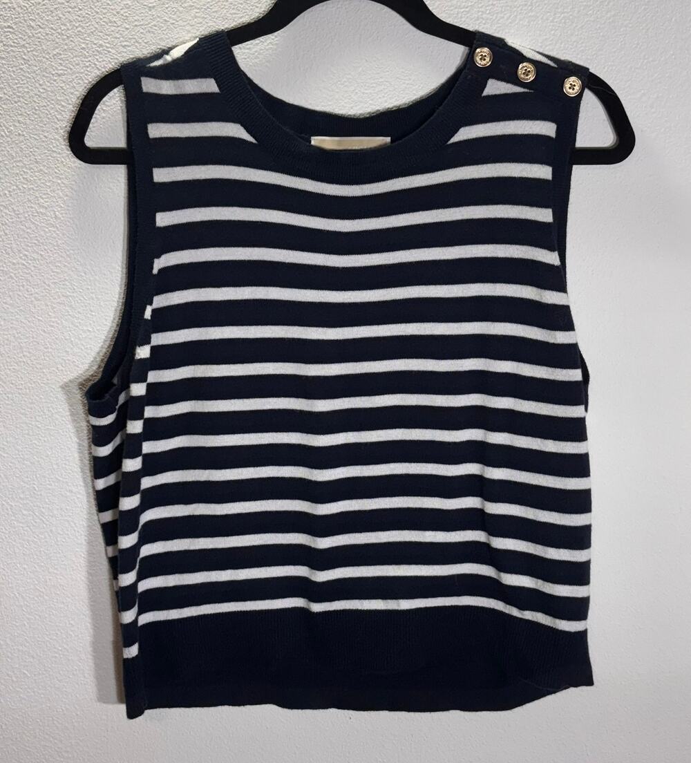Michael Kors Navy White Stripe Sleeveless Knit Top XL Gold Button Shoulder